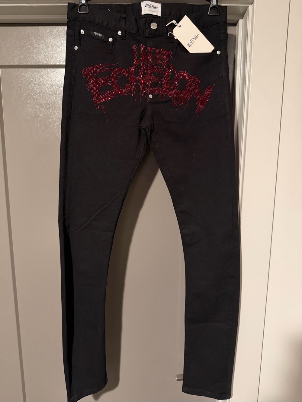 Men's Skinny Black Jeans with Red Embellished Graphic
